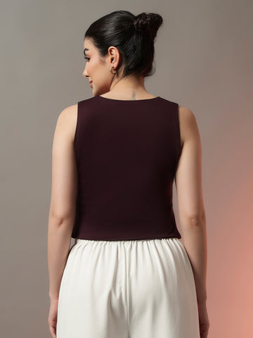 Wine V-Neck Woven Waistcoat with Button Closure