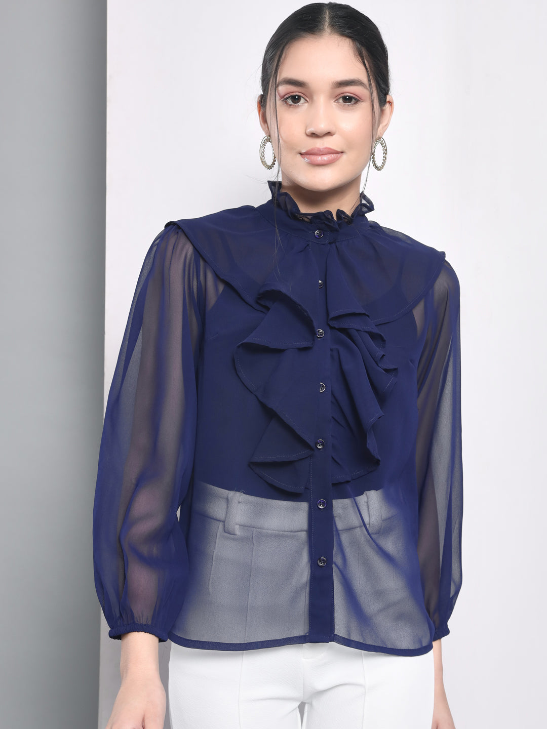CONTRAST RIBBON RUFFLE SLEEVE TOP - NAVY main image 0