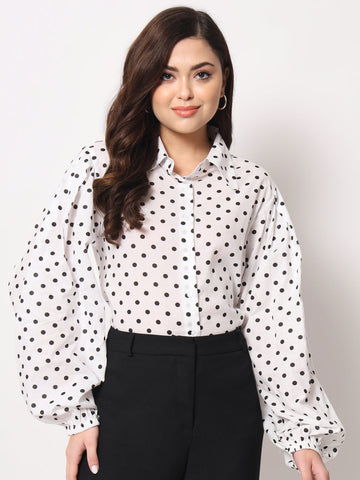 White Polka Dot Balloon Sleeve Shirt