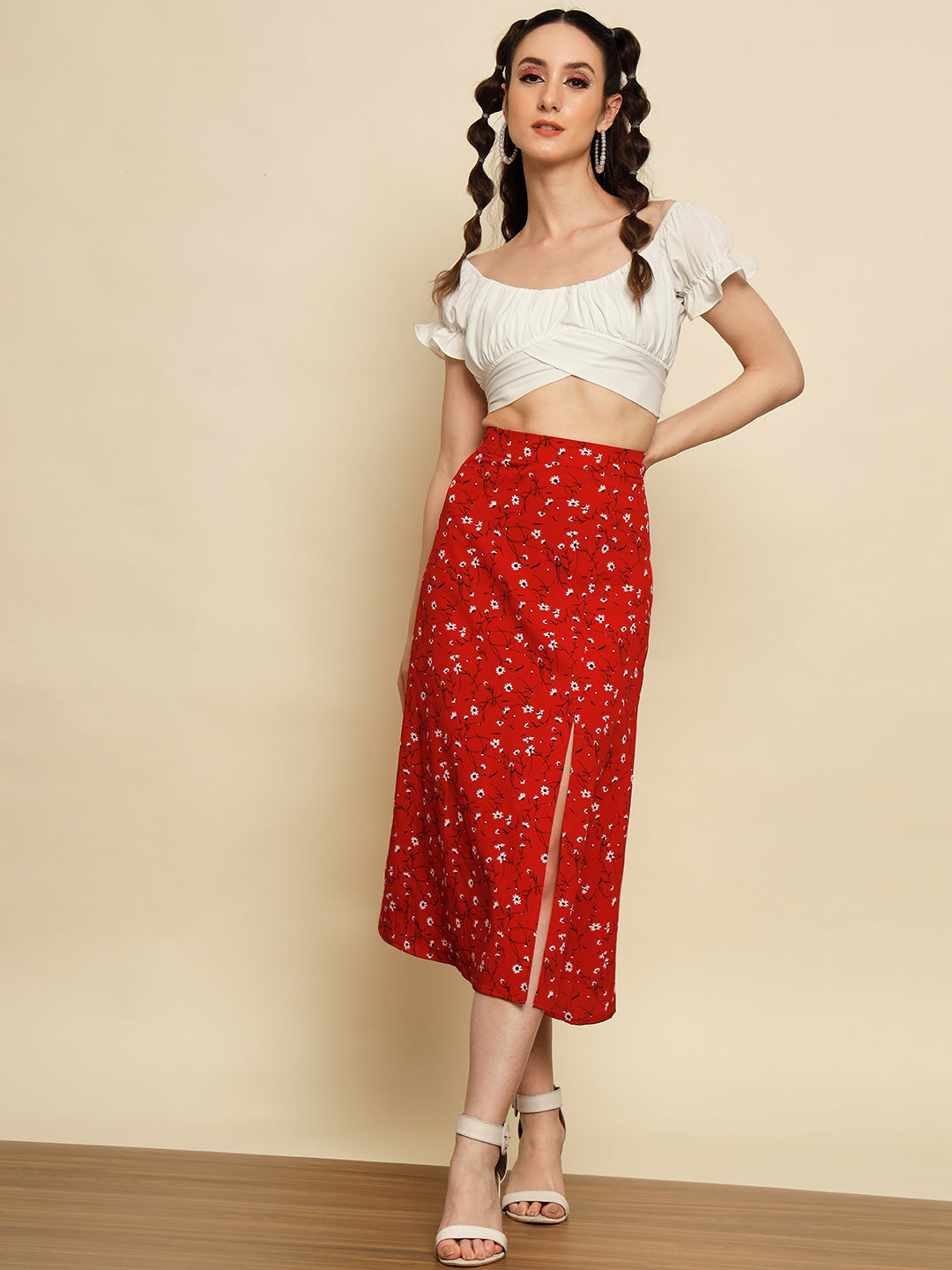 Red Floral Printed Slit Skirt - Main Image
