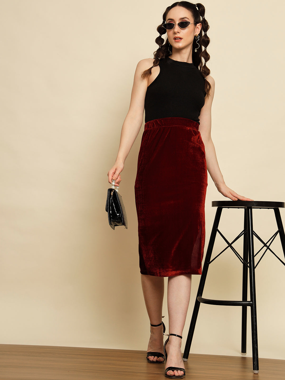 Maroon Velvet Slit Skirt