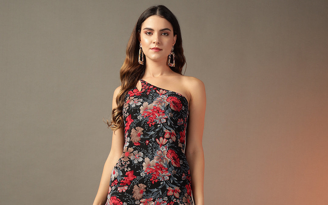 A printed cocktail dress with inbuilt padding — the safest answer to a cocktail dress code