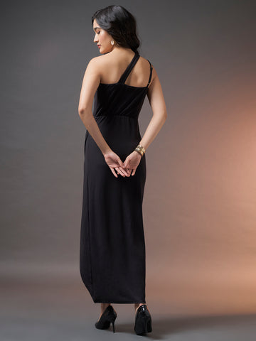 Shoulder Slit Maxi Dress with Side Slit and Flowy Silhouette - Black