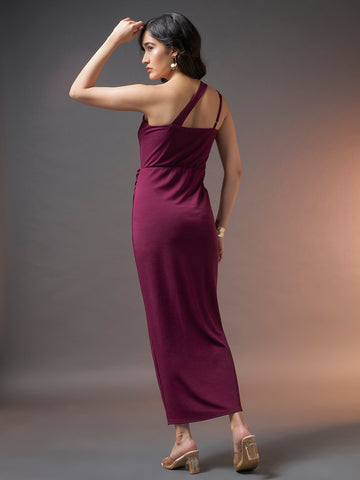 Shoulder Slit Maxi Dress with Side Slit and Flowy Silhouette - Wine