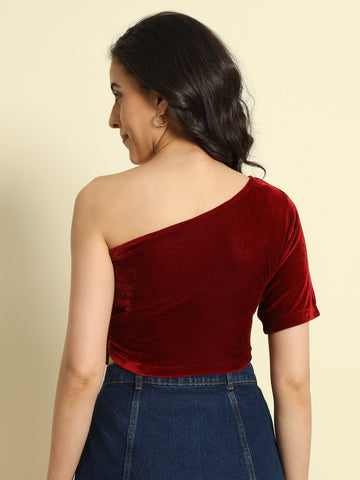 One shoulder Velvet Tie-Up Top