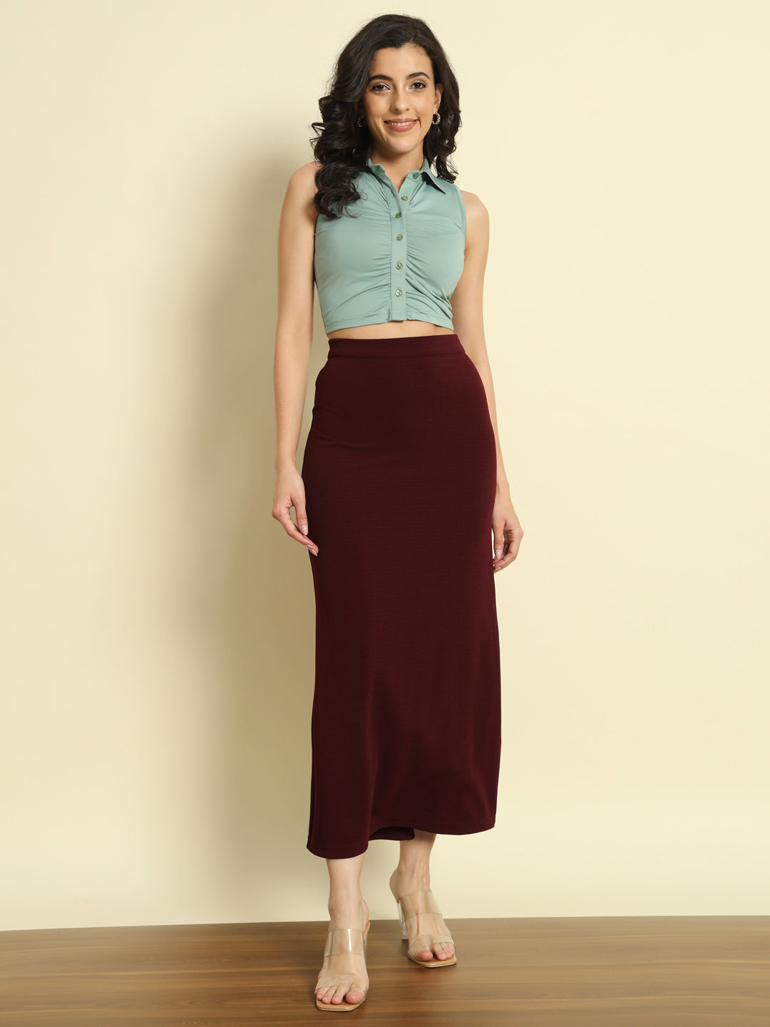 Straight Fit Slit Skirt - Wine
