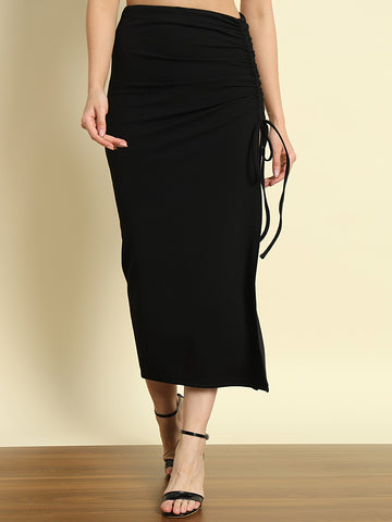 Black Drawstring Side Slit Skirt