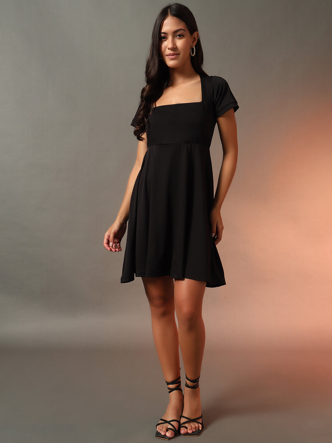 Square Neck Fit & Flare Dress - Black