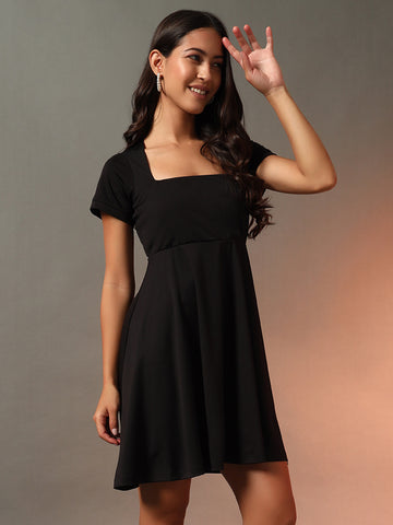 Square Neck Fit & Flare Dress - Black