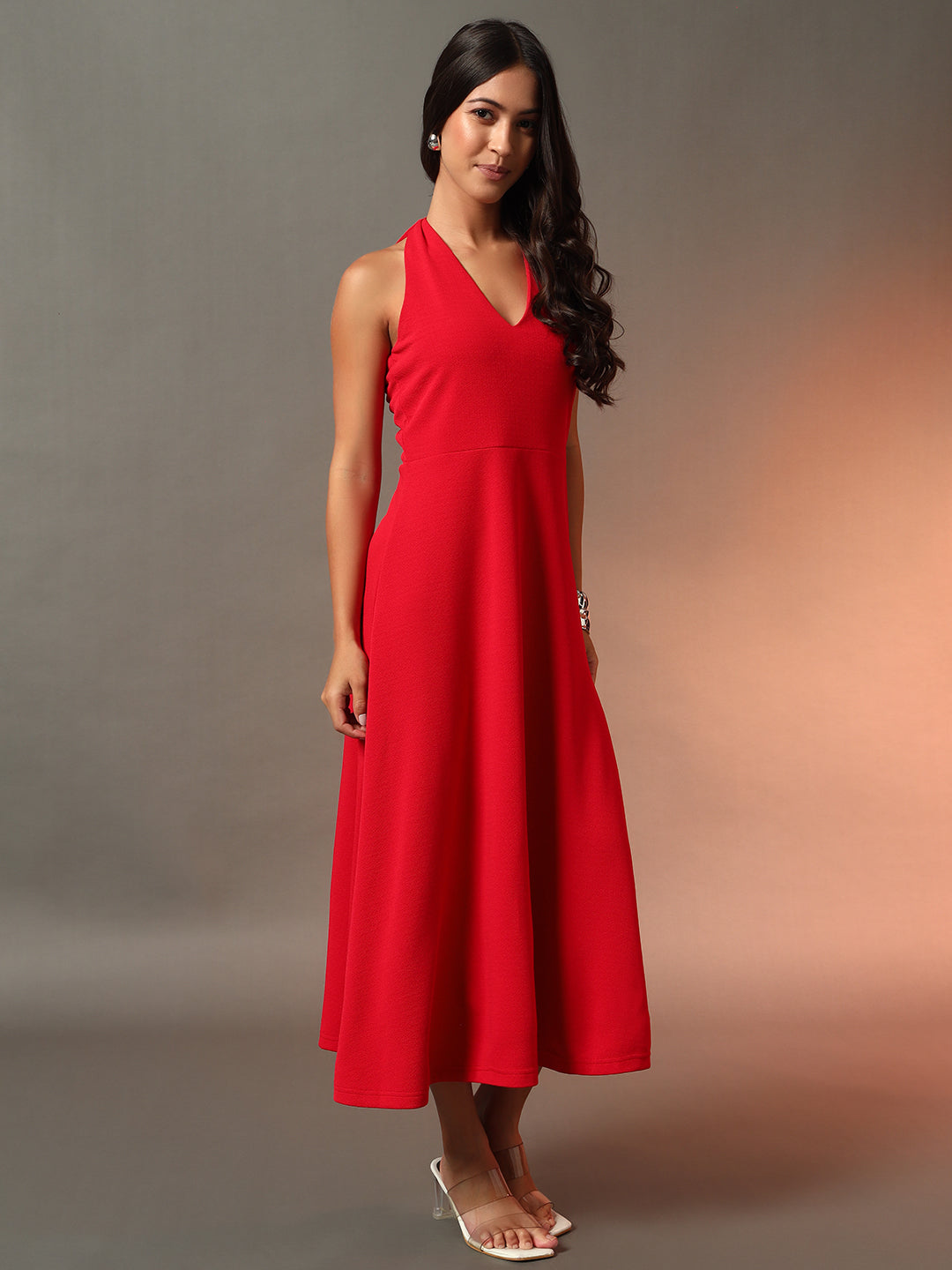 Halter Neck Fit & Flare Midi Dress - Red