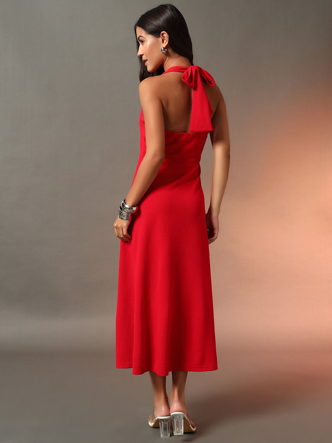 Halter Neck Fit & Flare Midi Dress - Red