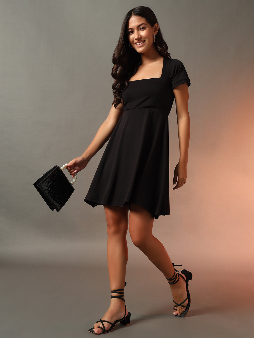 Square Neck Fit & Flare Dress - Black