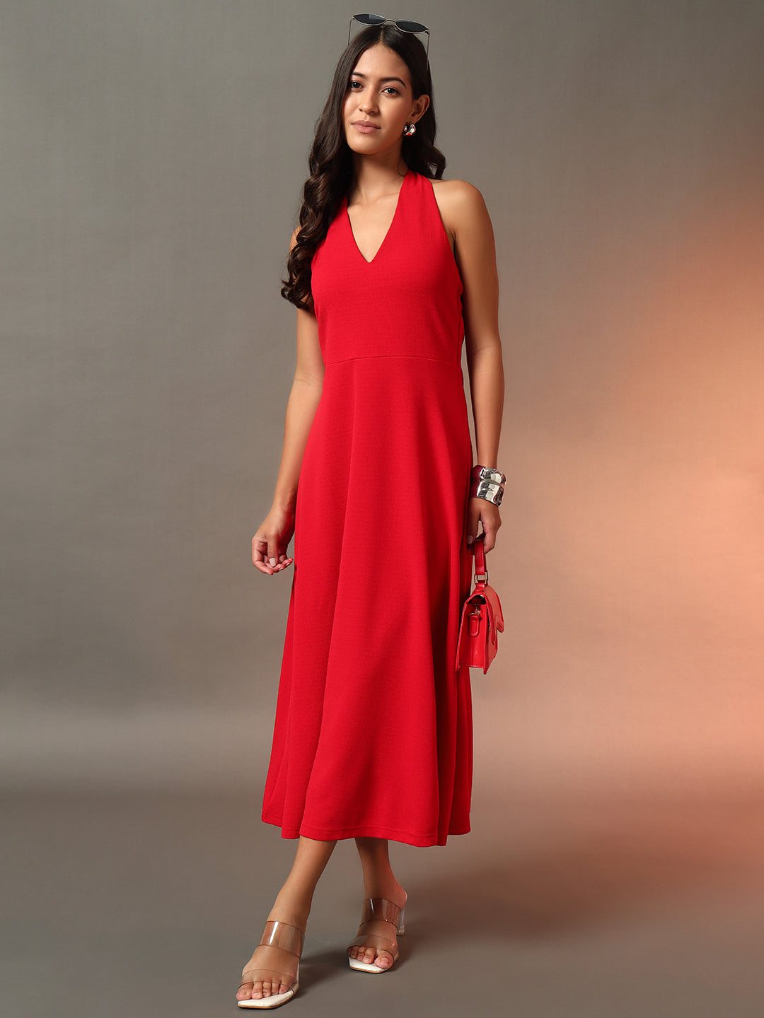 Halter Neck Fit & Flare Midi Dress - Red