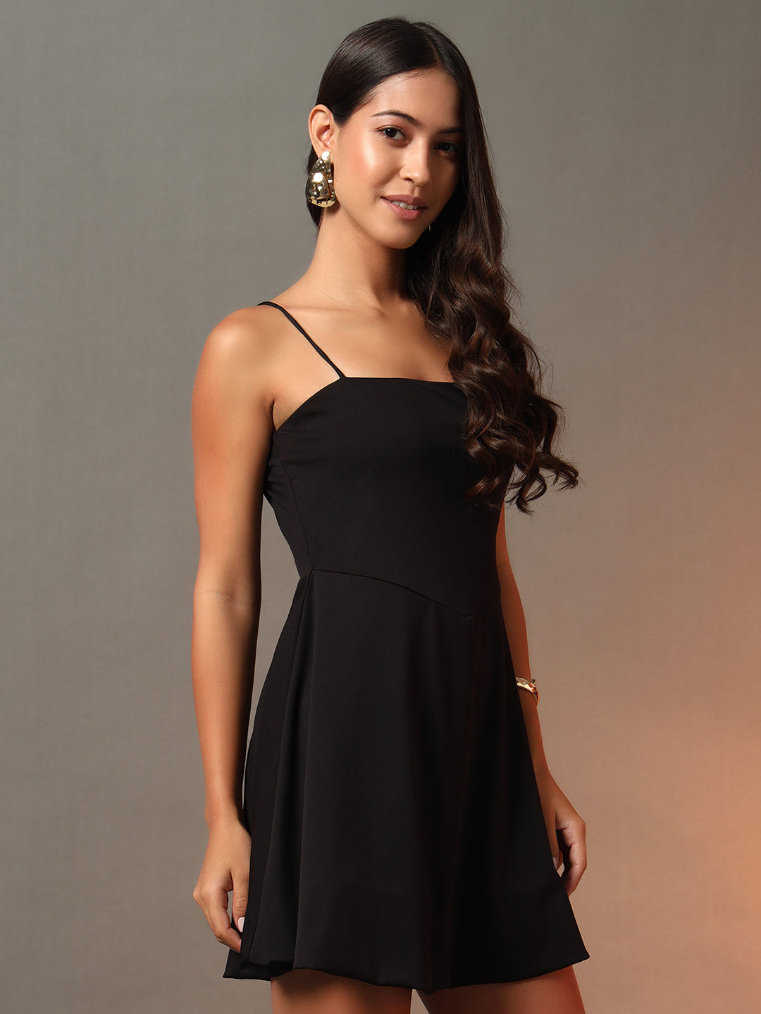 Noodle Strap Flare Dress - Black