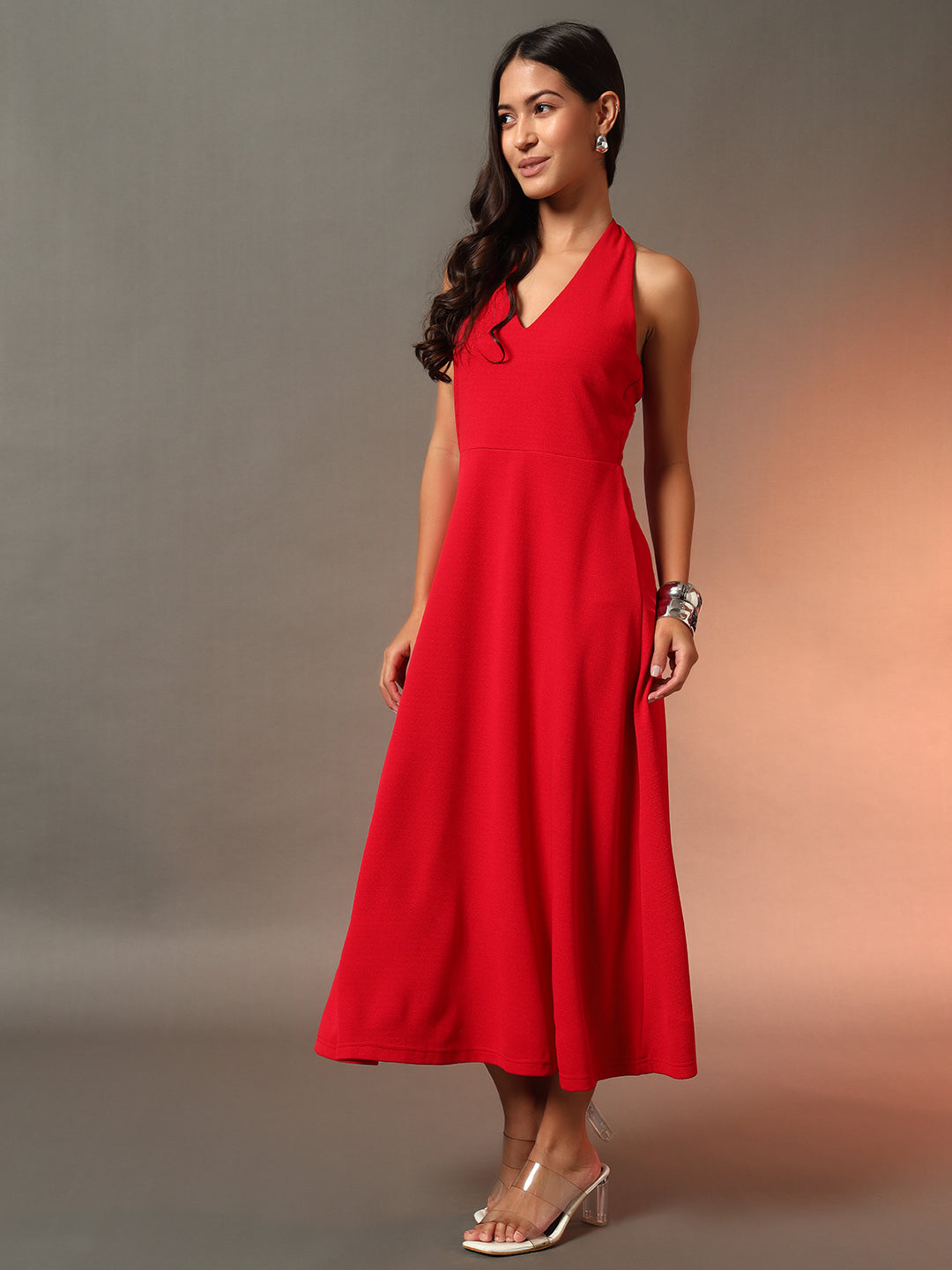 Halter Neck Fit & Flare Midi Dress - Red