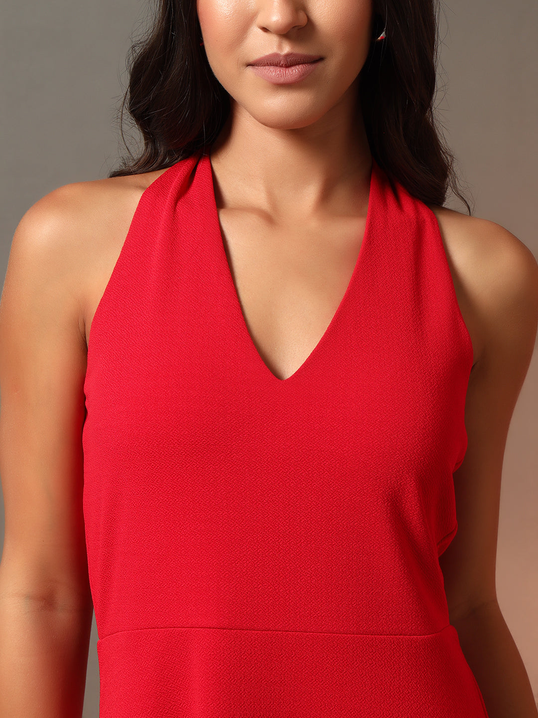 Halter Neck Fit & Flare Midi Dress - Red