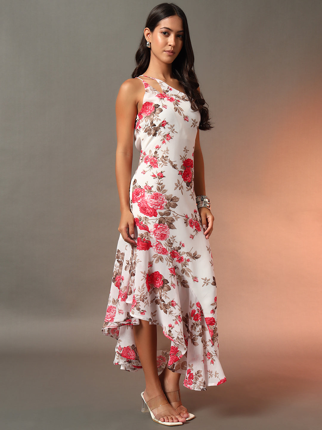 Printed Cocktail Dress with Inbuilt Padding - White