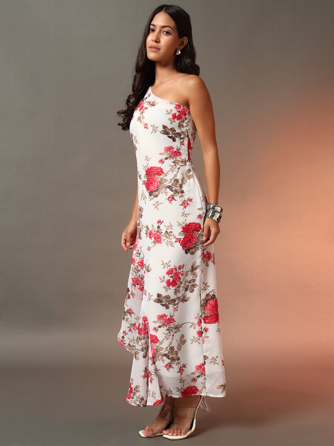 Printed Cocktail Dress with Inbuilt Padding - White