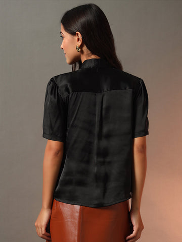 Black Bow Neckline Satin Top