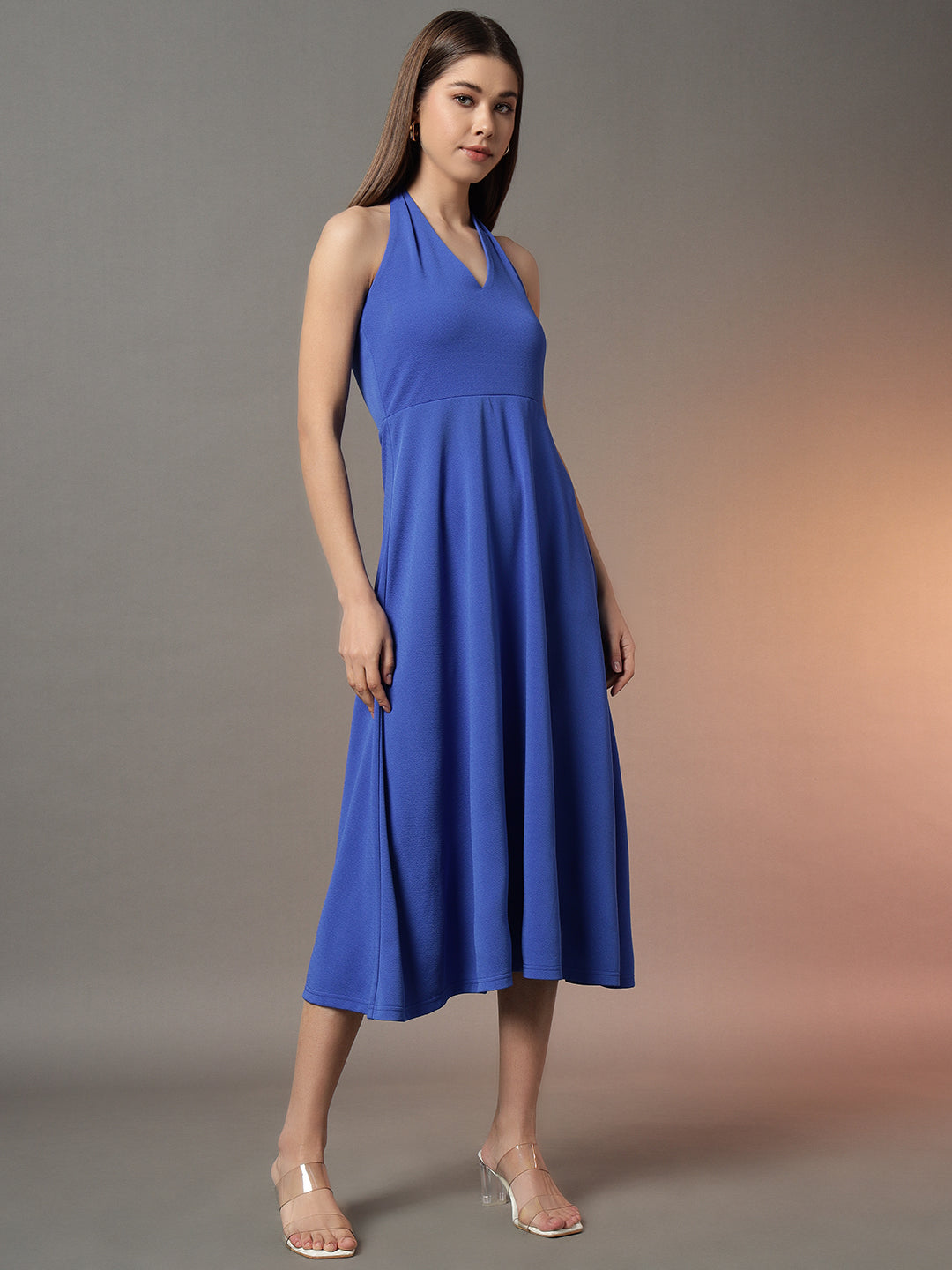 Halter Neck Fit & Flare Midi Dress - Blue