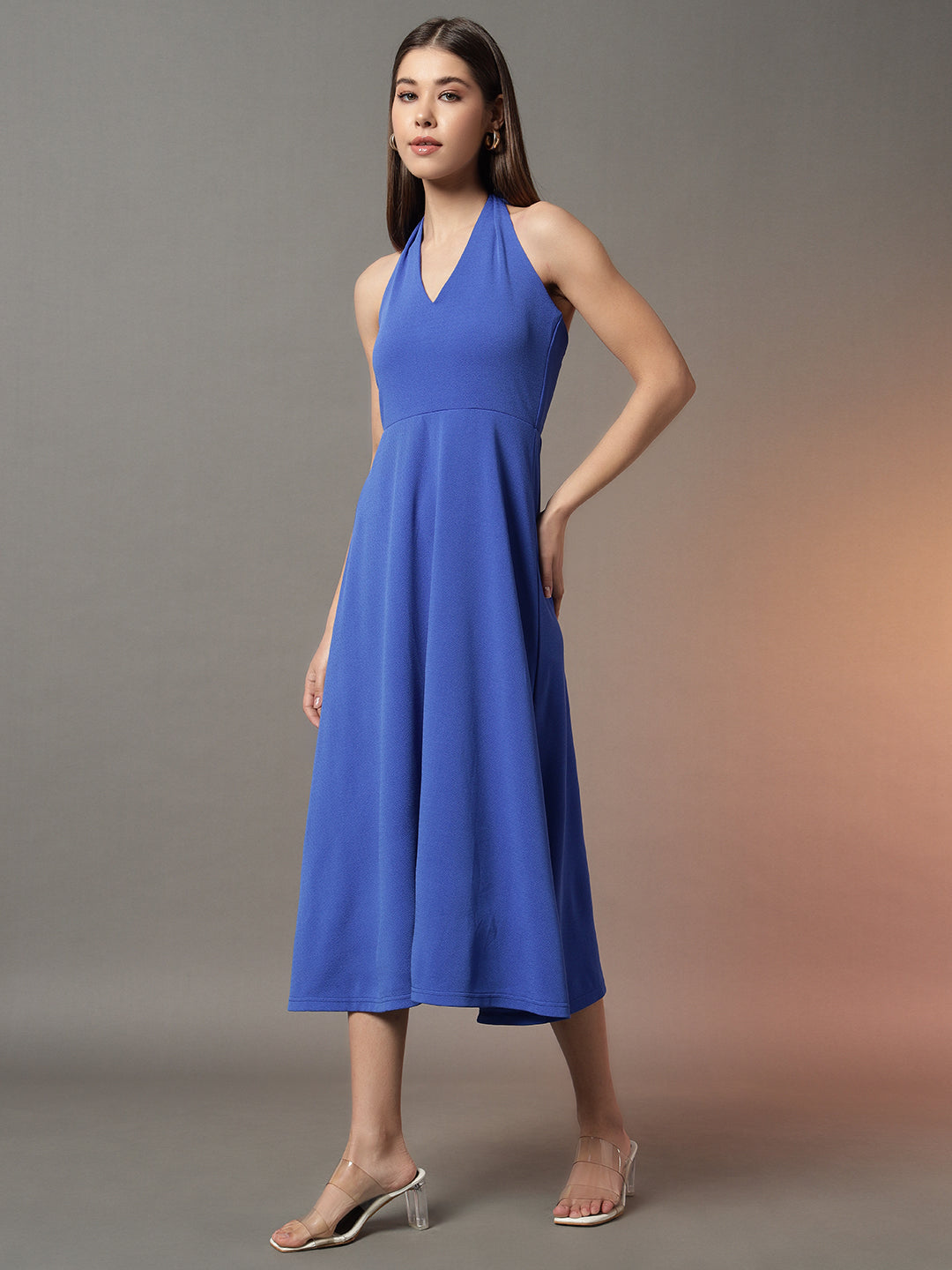 Halter Neck Fit & Flare Midi Dress - Blue
