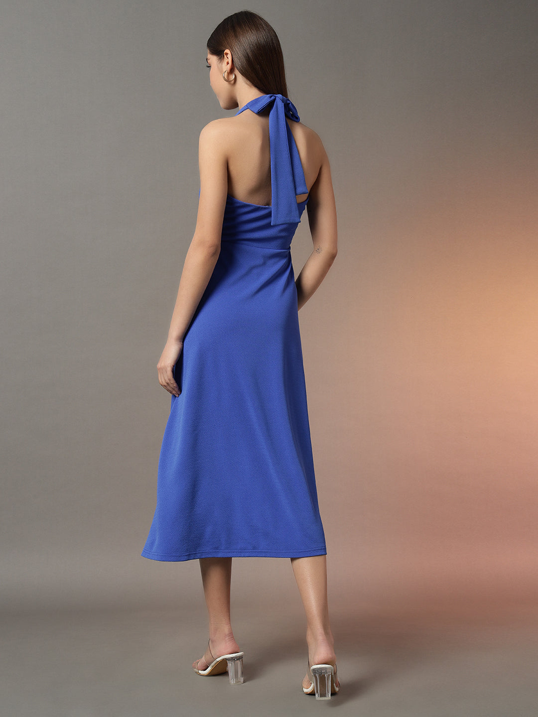 Halter Neck Fit & Flare Midi Dress - Blue