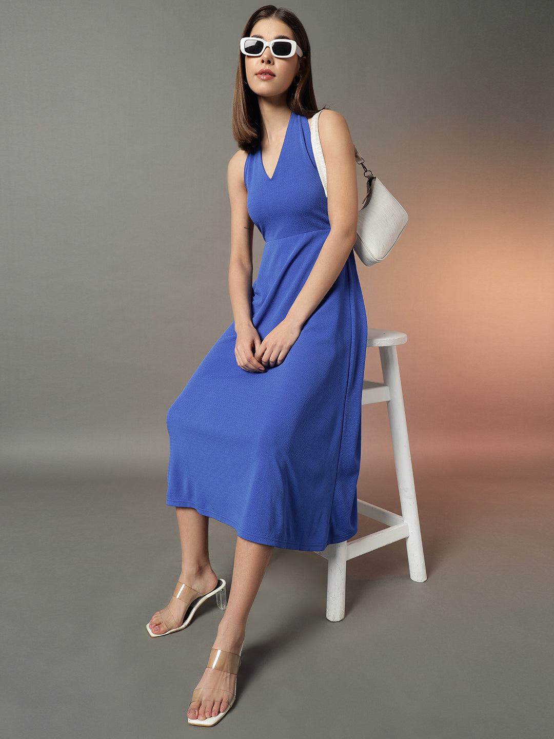 Halter Neck Fit & Flare Midi Dress - Blue