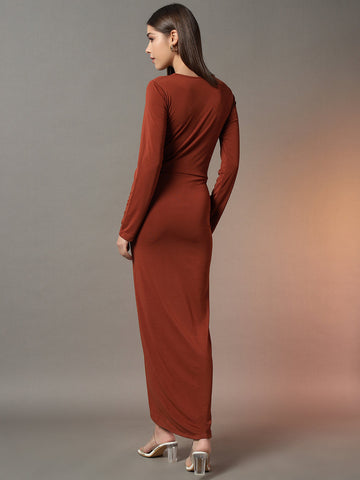 Square Neck Wrap Around Dress - Rust
