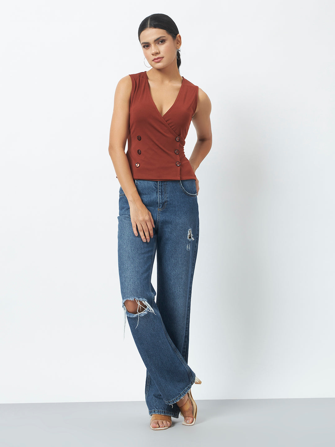 Wrap Button Detail Top - Rust