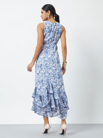 Printed Maxi Dress with Flared Hem and V-Neckline - Blue