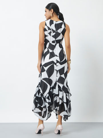 Printed Maxi Dress with Flared Hem and V-Neckline - White