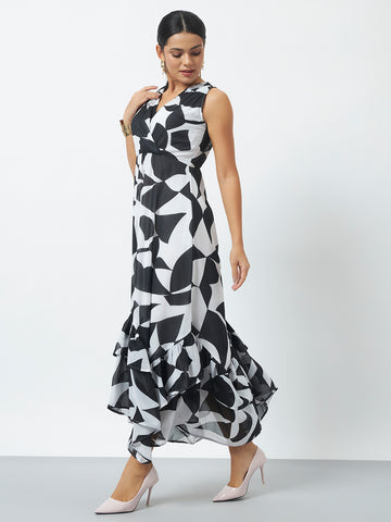 Printed Maxi Dress with Flared Hem and V-Neckline - White
