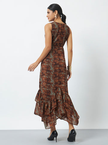 Printed Maxi Dress with Flared Hem and V-Neckline - Brown