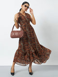 Printed Maxi Dress with Flared Hem and V-Neckline - Brown