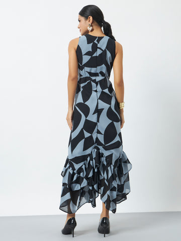 Printed Maxi Dress with Flared Hem and V-Neckline - Grey