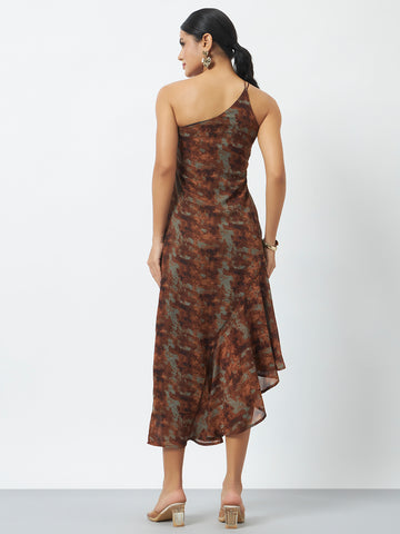 Printed Cocktail Dress with Inbuilt Padding - Brown