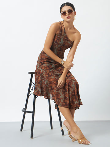 Printed Cocktail Dress with Inbuilt Padding - Brown