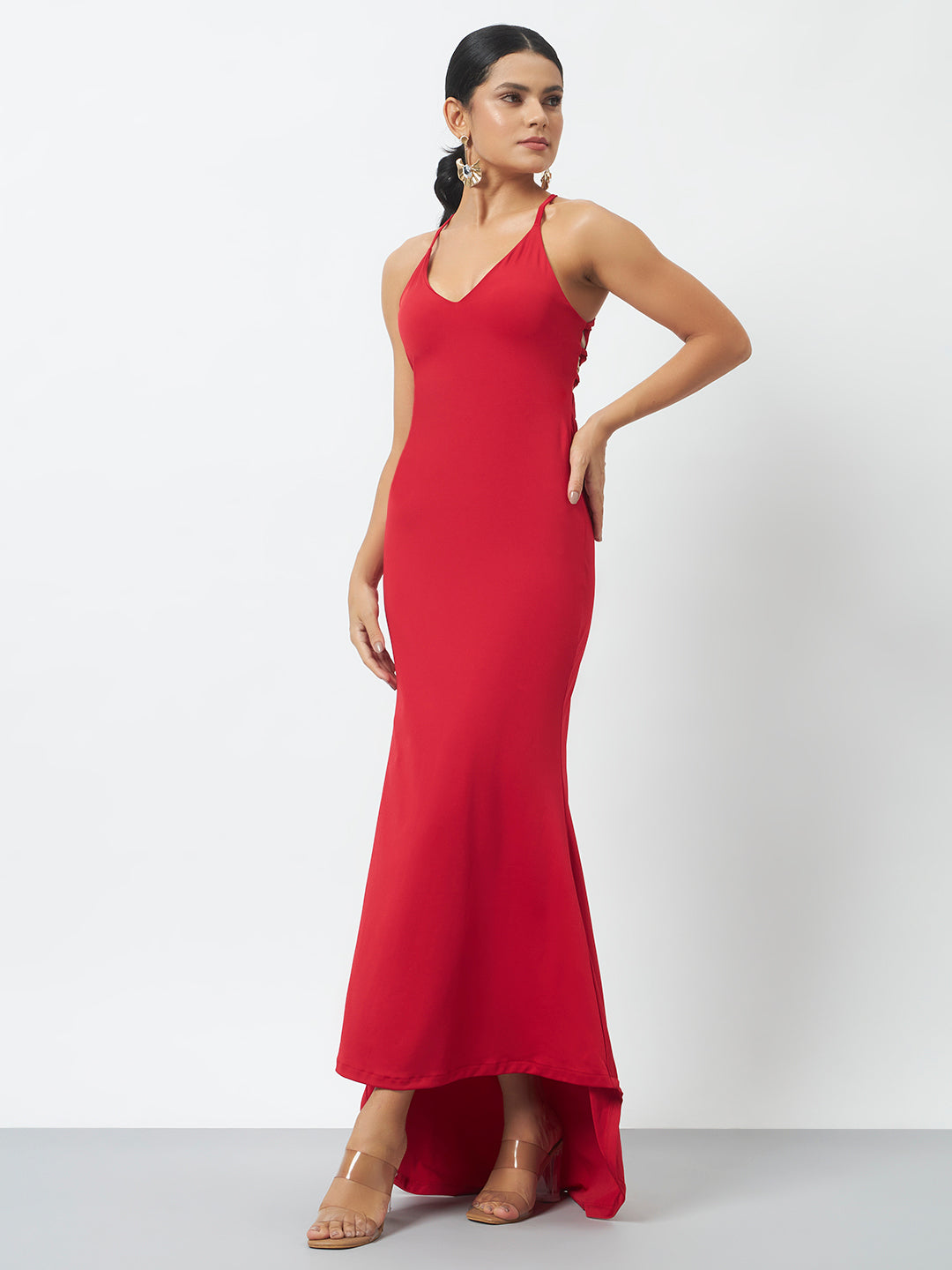 Lace-Up Back Trail Gown Dress - Red