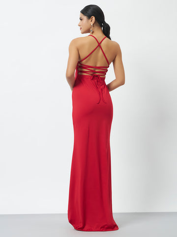 Lace-Up Back Trail Gown Dress - Red