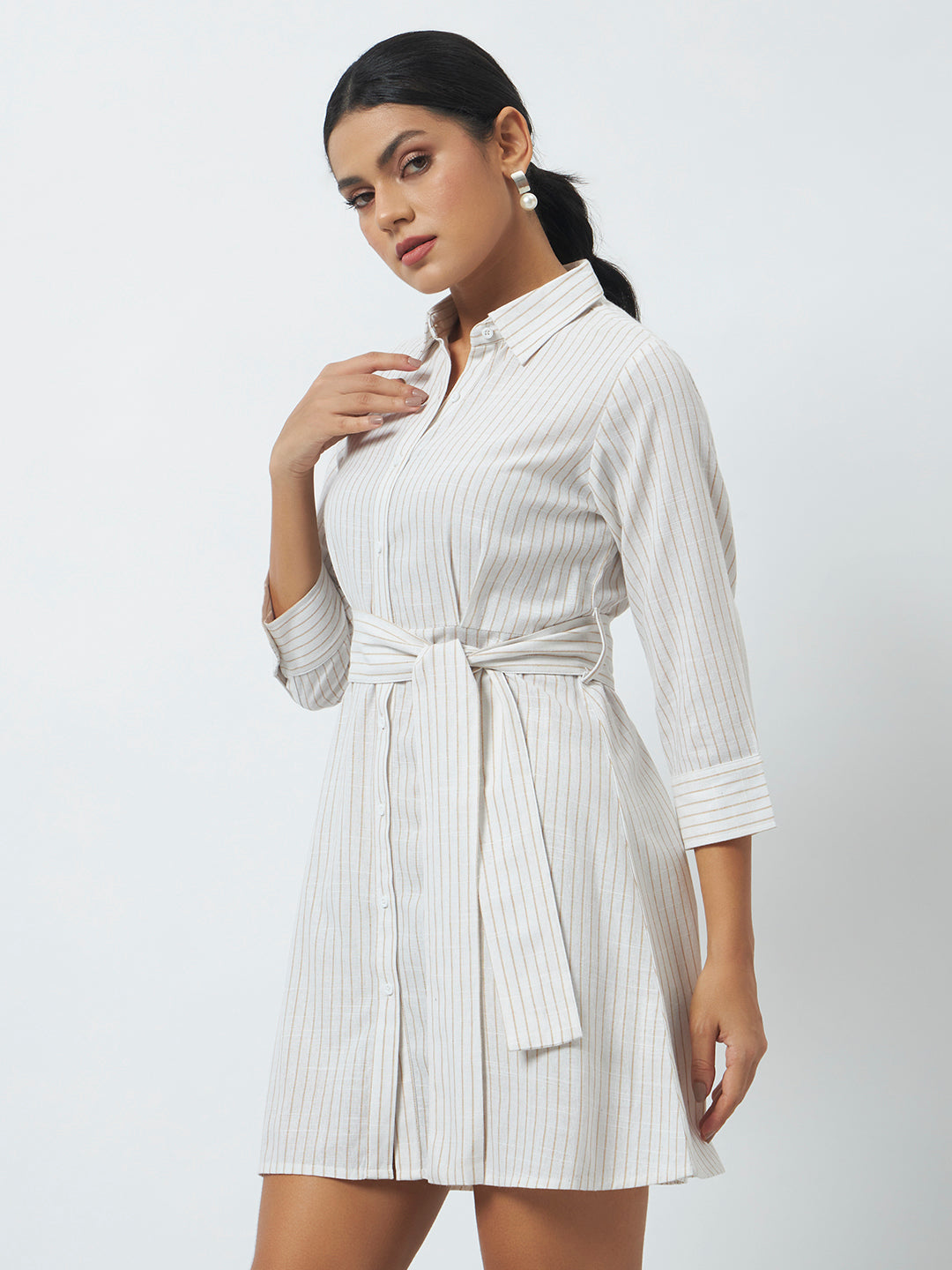 Striped Shirt Dress - Cream