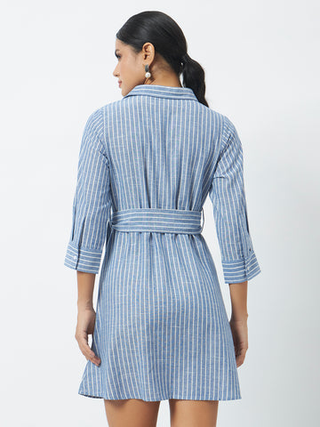Striped Shirt Dress - Blue