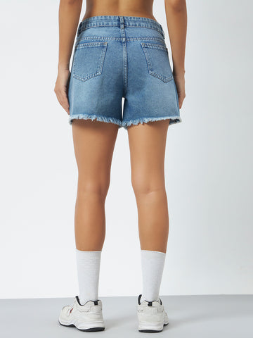 Dark Blue Distressed Denim Shorts - Light Blue
