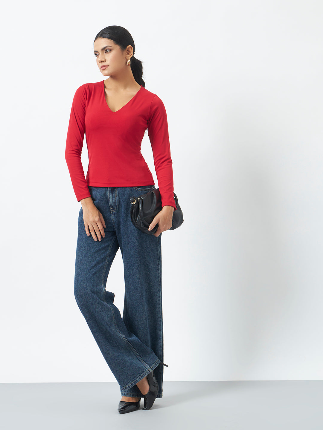V Neck Long Sleeve Top - Red