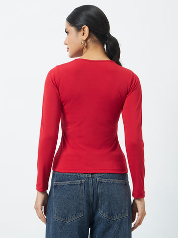 V Neck Long Sleeve Top - Red