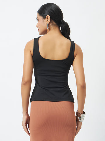 V Neck Deep Back Top - Black
