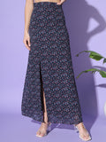 Navy Blue Floral Side Slit Skirt