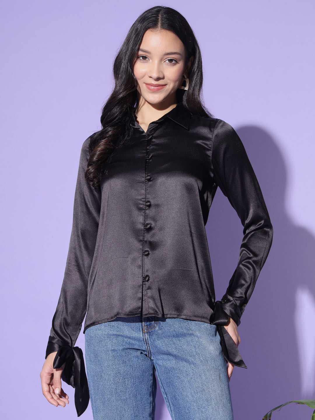 Black Tie-up Sleeve Satin Shirt