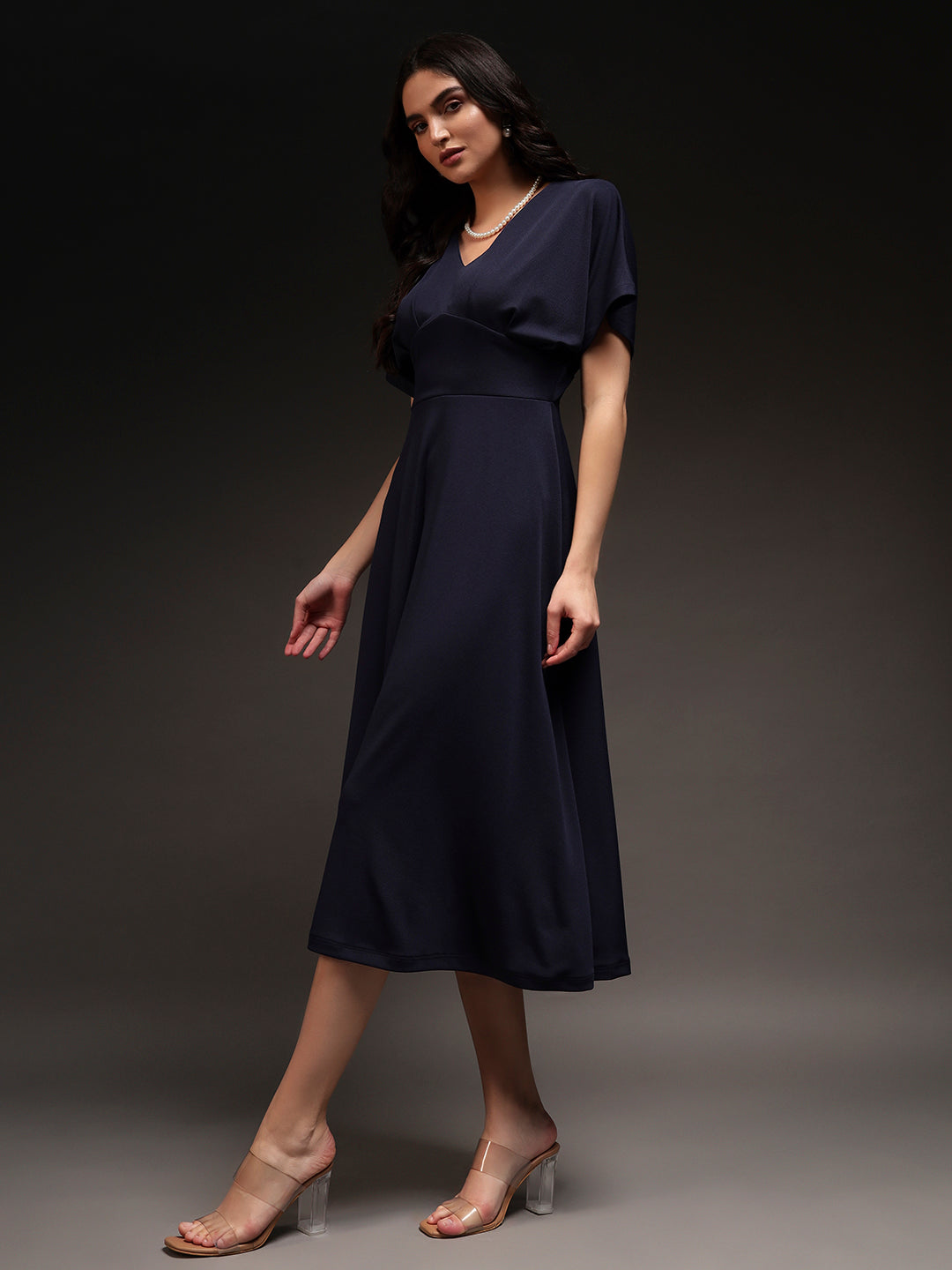 Empire V-Neck Dress - Navy Blue