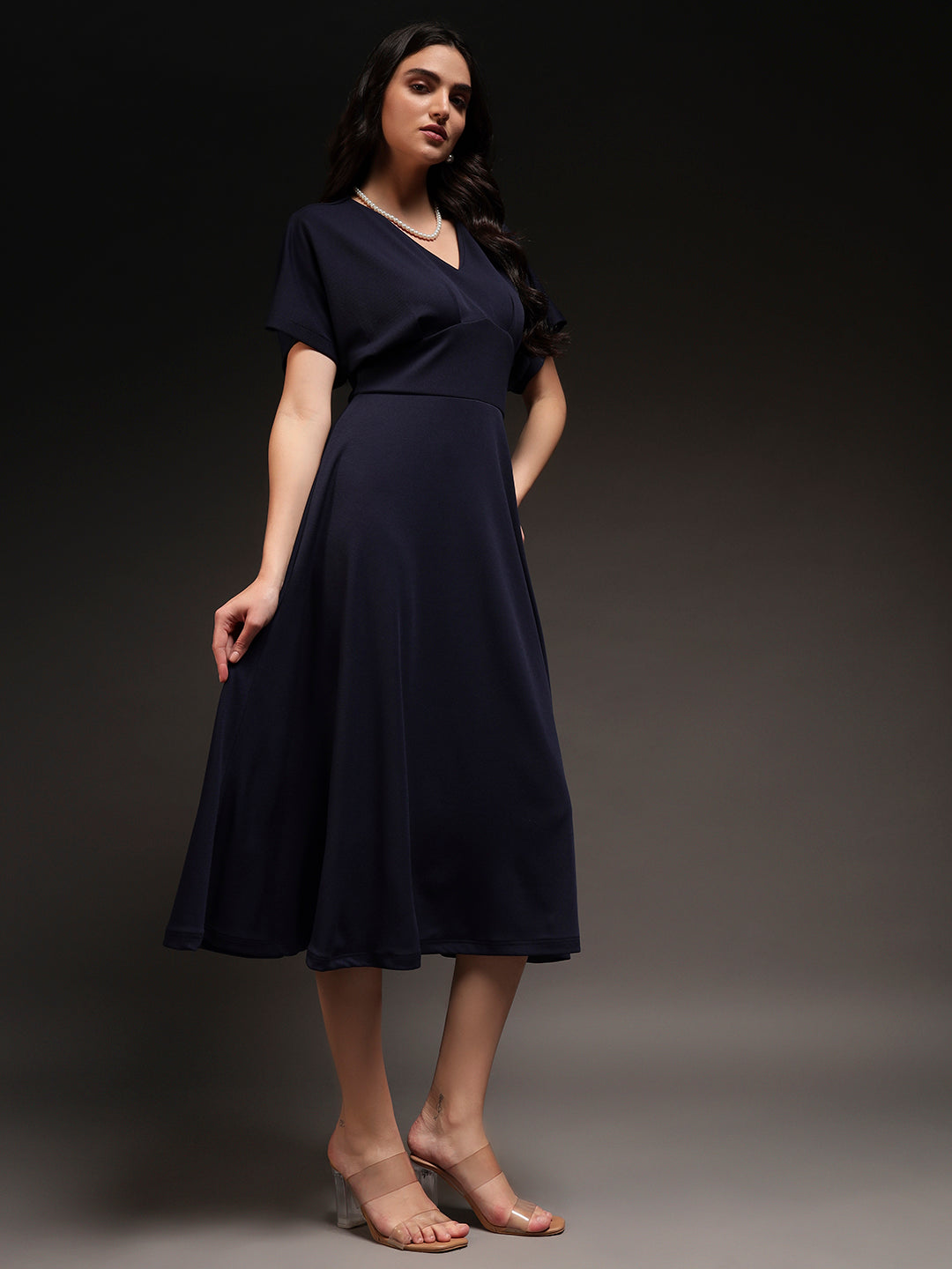 Empire V-Neck Dress - Navy Blue