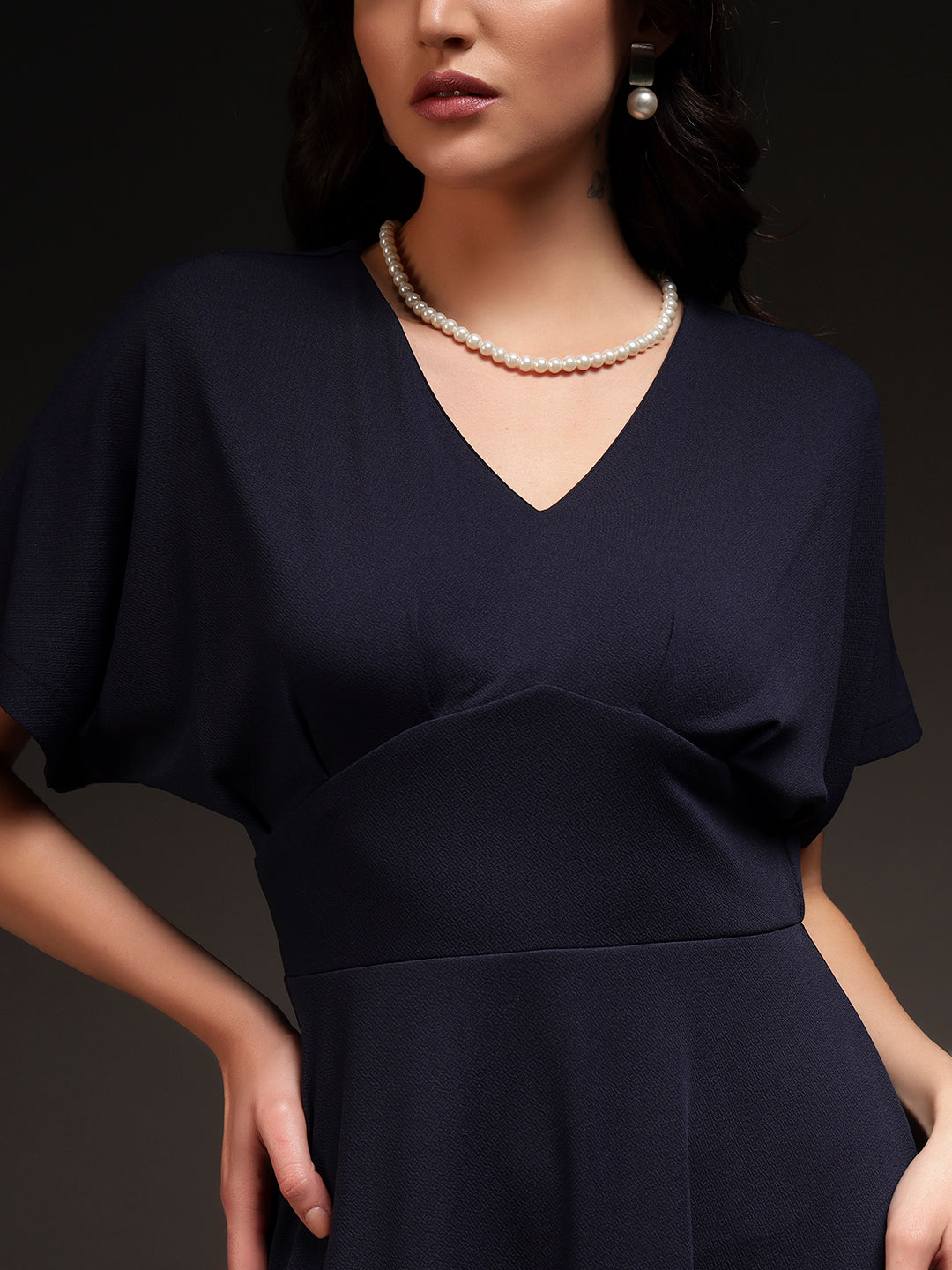 Empire V-Neck Dress - Navy Blue